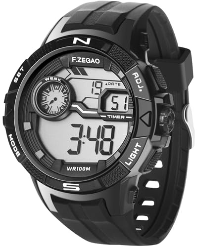 F.ZEGAO Reloj impermeable para natación, 10 ATM, relojes militares para hombre, deportes al aire libre, surf, táctica, multifunción, fecha, LED, alarma, cronómetro, color negro, Negro -, Classic Sport