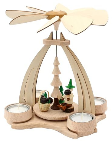 Wichtelstube-Kollektion Holz Weihnachtspyramide Tischpyramide aus feinsten Buchenholz, Waldwichtel Pilzsammler für 4 Teelichter,14 x 18 x 24 cm Pyramide Weihnachten