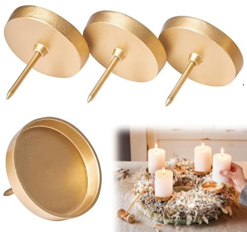 4X Kerzenpick, 8 Cm Durchmesser Adventskranz Kerzenhalter,Kerzenpick Mit Dorn in Gold, Kerzenpin Weihnachtskranz,Kerzenaufsatz für Advent Weihnachts Tisch Deko