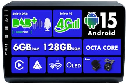 SXAUTO Android 15 – inbyggd 4G LTE DAB – 6G 128G – bilradio för Fiat Ducato/Peugeot Boxer/Citroen Jumper (2006–2015) – Carplay Android bil – kamera + MIC – rattkontroll – QLED 9 tum 2 Din