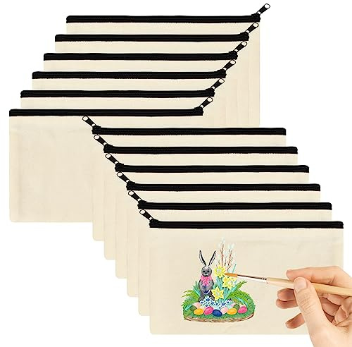 Kaslaider 12 STK DIY Leere Segeltuchbeutel mit Reißverschluss zum Bemalen, 21x12cm Stoff Federmäppchen Segeltuch Kosmetiktasche, Mäppchen Taschen Reise Kulturbeutel, Geschenk für Arbeit Schule Reisen