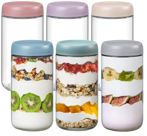 Eidoct 6-Pack 700ml Colorful Glass Jars with Airtight Screw Lids-Leakproof | Overnight Oats Containers Wide Mouth Mason Jars for Overnight Oats, Spices, Sauces, Fruit Salad, Cereal, Yogurt & Snacks