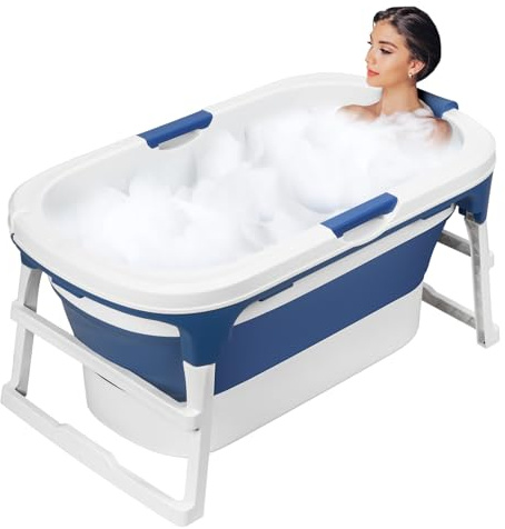 gihusrzx 43/55 tum bärbart badkar för vuxna och barn, hopfällbart hopfällbart badkar med handtag – ergonomiskt utformade fristående badkar, badkar, isbad, familjebadrum spa blå 110 cm