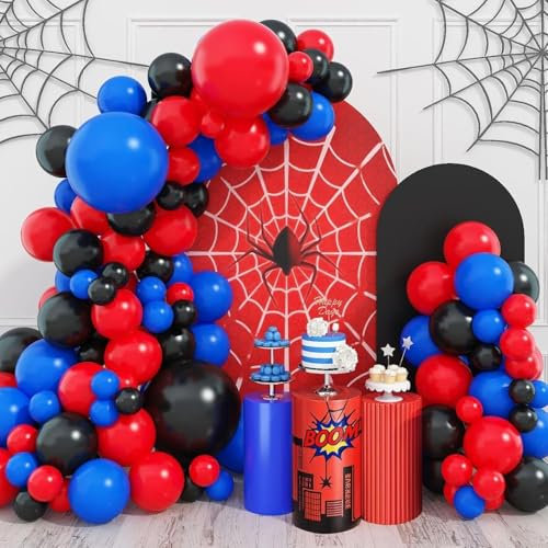 99PCS Black Red and Blue Balloons Arch Garland Kit, Spider Theme Balloon Arch for Men with Foil Balloons for Baby Shower Spider Theme Birthday Party Decorations
