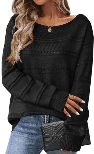 Hotouch Pullover Damen Elegant Fein Strickpullover Häkelpullover Casual Loose Langarm Drop Shulter Sweater Schwarz XL