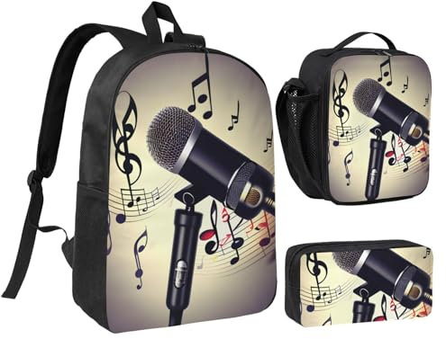 YQxwJL Set di 3 zaini con microfono con note musicali e astuccio portapranzo, per viaggi, lavoro, campeggio, unisex