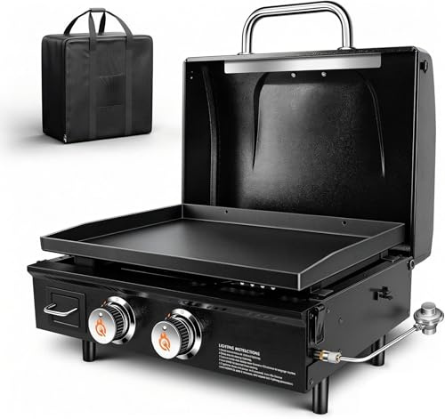 GFTIME Bordsgrill gasgrill Griddle 2-brännare med huva, Plancha gasgrill med platt ovansida Griddle Propangrill med bärväska 22 tum, 48 000 BTU, keramisk non-stick grillplatta