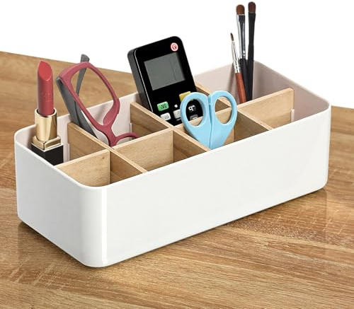 Bambus Tisch Organizer Desktop, 8 Fächer Holz Desktop Stift, Büro Organizer Weiß, Bambus Stiftehalter mit Abnehmbar Fächer, Multifunktional Büro Schreibtisch für Stifte, Brille