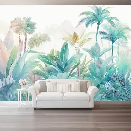 Carta Da Parati Tropicale Palme Foglie Di Banano Panoramica 3D Non Tessuto – Verde Salvia Blu Navy Fotomurale Per Soggiorno, Camera Da Letto, Poster Gigante Design Moderno 200 X 140 Cm