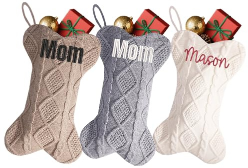 Lustige Weihnachtsstrümpfe mit Namen, personalisierbar, groß, groß, Knochenform, gestrickt, Weihnachtsstrümpfe, Familienurlaub, Kamin, hängende Strümpfe für Weihnachten, Familienfeier, Kamin
