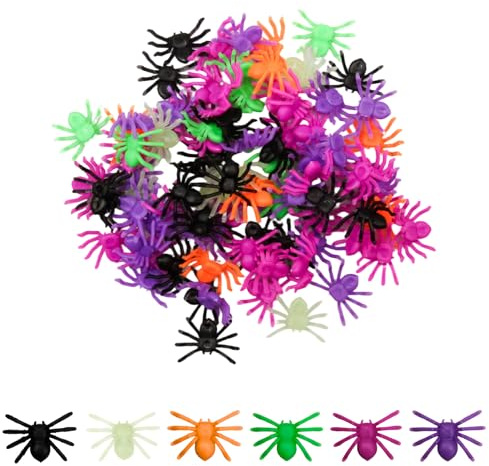 NIRJIK 100Pcs Colored Plastic Spiders, Creepy Spider Toys for Halloween Party Decorations, Fake Arachnid Props for Indoor Outdoor Pranks, Haunted House & Table Scatter Halloween Decorations