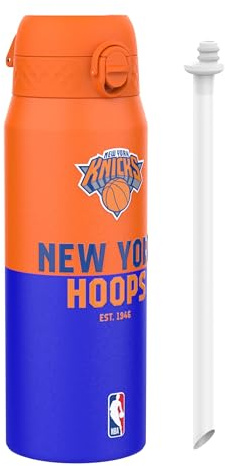 Ion8 NBA New York Knicks Gourde Thermique Avec Paille Amovible, 750ml/24oz, Bouteille Étanche À Isolation Sous Vide, Facile À Ouvrir, Verrou Sécurisé, Passe Au Lave-Vaisselle, Couvercle Rabattable