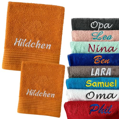 Schnoschi Handtuch 2er Set orange 30 x 50 cm Gästehandtuch und 50 x 100 Duschhandtuch personalisiert mit Namen, Motiv, Initialen oder Wunschtext Bestickt, 100% Baumwolle, 450 g/m²