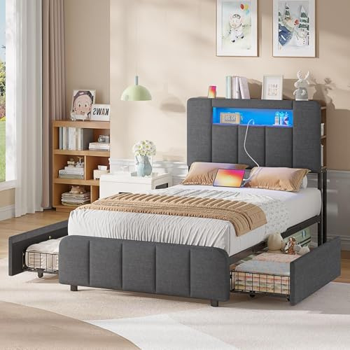 AOGLLATI Bett 90x200 mit 2 Schubladen,Kinderbett 90x200 mit Steckdosen Jugendbett mit LED-Beleuchtung,Polsterbett Einzelbett mit Multifunktionales Kopfteil-Ohne Matratze,Grau Leinen