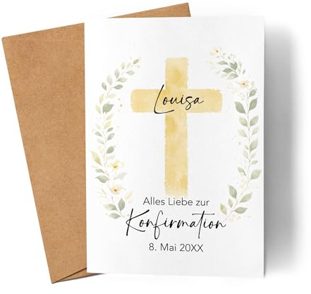 Kiddle-Design Personalisierte Konfirmationskarte mit Name und Datum, goldene Kreuz Motiv, für Mädchen Jungen, Faltkarte, Glückwunschkarte als Geldgeschenk zur Konfirmation