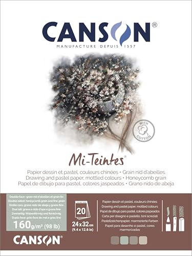 Canson Mi-Teintes farbiges Zeichenpapier, doppelseitig: Wabenstruktur und feine Körnung, 160 g/m², auf der kurzen Seite geleimt, 24 x 32 cm, 4 Farben meliert, 20 Blatt