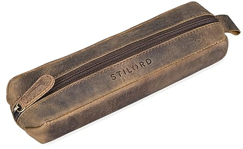 STILORD Quinn Leder Federmäppchen rund Vintage Lederetui Stifte Rolle rundes Federmappe groß Stiftemappe Damen Herren Faulenzer Echtleder Farbe:mittel - braun