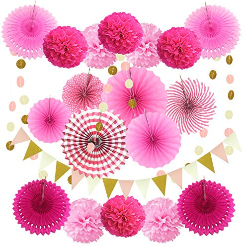 ZERODECO Decoración de la Fiesta, 21 Piezas Abanicos de Papel Bola de Nido Pom Poms Ventilador Cumpleaños Boda Carnaval Bebé Ducha Home Party Supplies Decoración (Rosa)