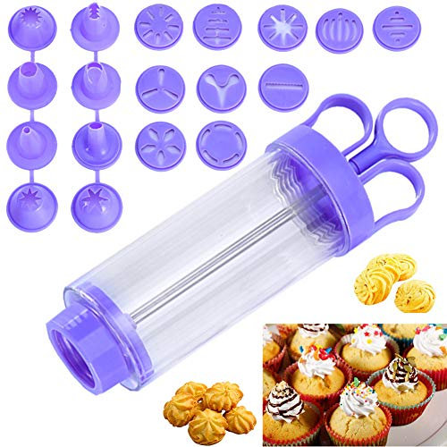 BESYZY Garnierspritze Gebäckspritze für Kuchen und Kekse Cookie-Keks Presse mit 8 verschiedenen Form-Tüllen & 10 Ausstechformen Füllvolumen: 250 ml,PP/PS,Transparent/Lila