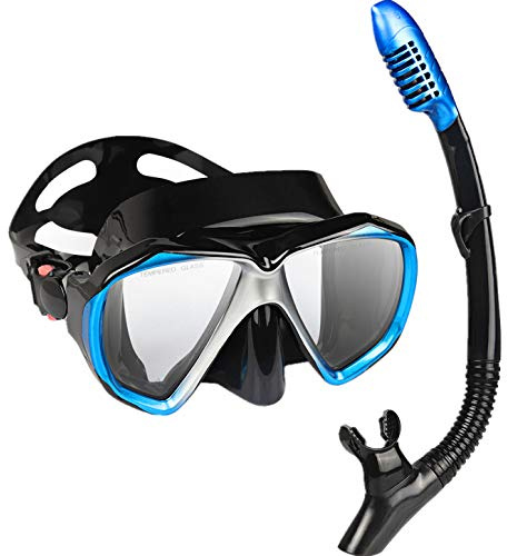 Snorkelset för vuxna, snorkelutrustning, anti-dim-panorama-dykmask och torr snorkel, anti-läcka, snorklingsmask för fridykning, snorkling, simning (blå set)