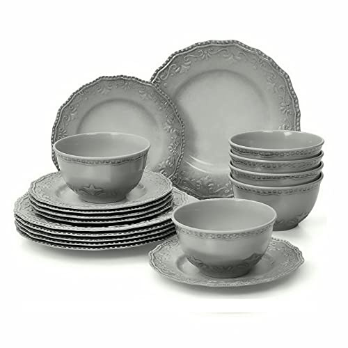 TP 18-Piece Dinnerware Set, Melamine Dishes Set with Bowls and Plates, Service for 6, Non-breakable Lightweight Dining Tableware, Grey