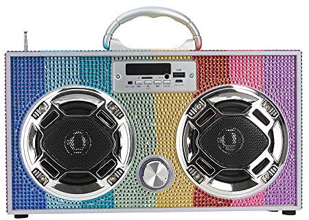 Wireless Express - Mini Boombox with LED Speakers –Retro Bluetooth Speaker w/Enhanced FM Radio - Perfect for Home and Outdoor (Rainbow Bling)