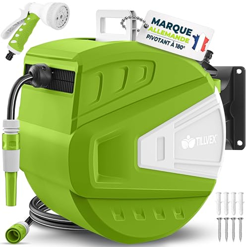 tillvex® Schlauchtrommel Wasser 15 m + 2 m mit Wandhalterung + Tragegriff | Automatik Gartenschlauch-Schlauchabroller 180° Schwenkbar | Wand-Schlauchbox Automatisch + Multi Handbrause mit 9 Modi