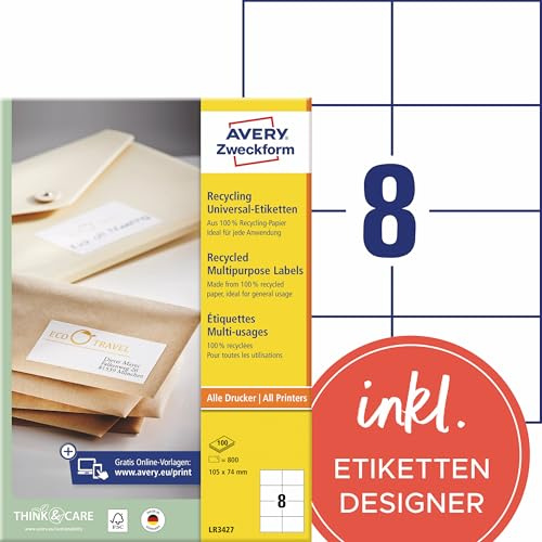 AVERY Zweckform LR3427 återvunna etiketter (800 adressetiketter, 105 x 74 mm på A4, 100% återvunnet papper, utskrivbara fraktetiketter, självhäftande fraktetiketter, 100 ark, naturligt vitt