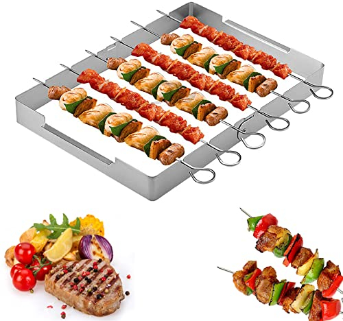 Grillspieße Halter,Schaschlikspieße Edelstahl,6 Stück Grillspießen mit Halterung Spieße,Wiederverwendbare Fleischspieße Edelstahl,Kebab Spieße mit Faltbarem Grillrost für Outdoor Barbecue
