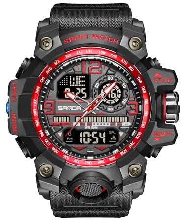 KXAITO 3133 Montre de sport militaire étanche pour homme avec affichage de la date et affichage de la date, affichage LED, alarme, chronomètre, noir/rouge, Large, Militaire