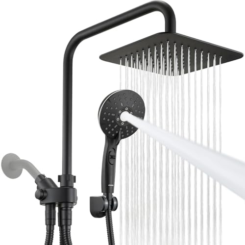 Ryamen Dual Shower Head Combo, 8'' High Pressure Rain Shower Head with Handheld Spray, 6 Settings Handheld Showerhead, 15 Height Adjustable Slide Bar, Angle Adjustable, Matte Black