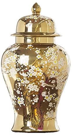 Jingdezhen china oro cerámico jengibre jarro floral porcelana templo jarrar jarrar jarrar grande con tapa, patrón de flores de ciruelo, marco decorativo de la vendimia mesa doméstica decoración de la