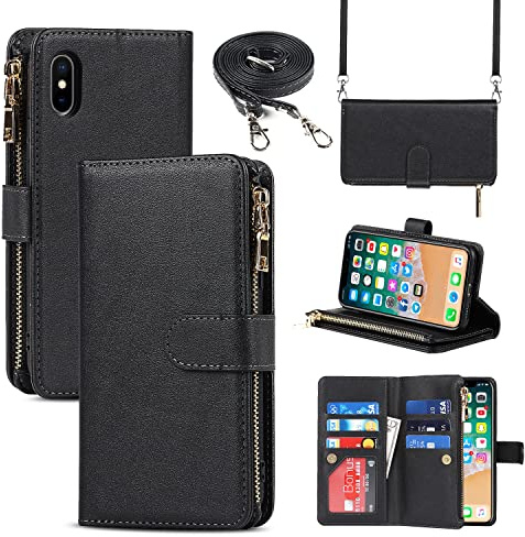 CAVOR Handykette Handyhülle kompatibel mit iPhone X/XS Hülle Mit Band,Flip Leder Geldbörse Hülle Mit Kette,[9 Kartenfach][Doppelte Schnalle],Umhängeband Klapphülle Handytasche - Schwarz
