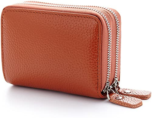 JUVEL Damen Leder Geldbörse - Kreditkartenetui Damen mit Münzfach Doppelreißverschluss 10 Kartenfächer Mini Damen Portemonnaie Münzfach Zipper Brieftasche Kartenhalter für Frauen (Braun)