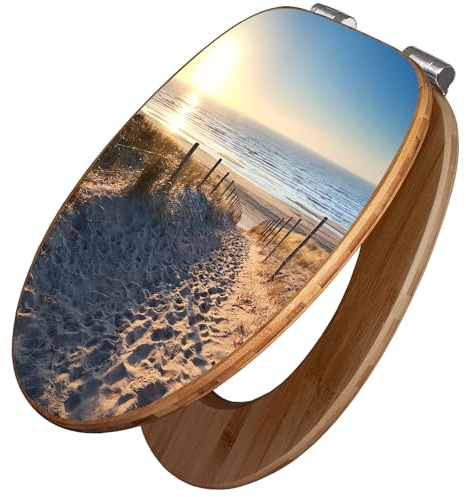 banjado Design WC Sitz Bambus Absenkautomatik 45,8x37,5cm - Toilettendeckel mit Absenkautomatik Holz - hochwertiger Bambus Klodeckel - WC-Sitz für gängigen Toiletten - Motiv Nordseestrand