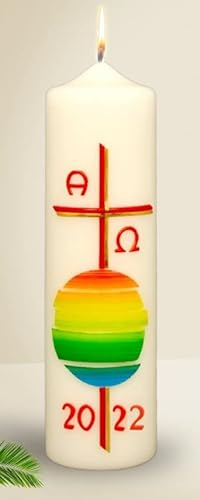 Osterkerze Weltkugel, Kreuz rot/Gold, A und O, Jahreszahl 220 x Ø 60 mm