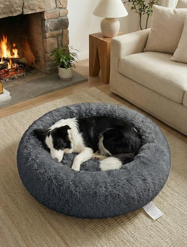 OKPOW Donut Hundebett Fuer Mittelgroße Hunde: Flauschig Welpenbett Rund Kuscheliges - Anti Angst Katzenbett Comfy - Plüsch Haustierbett Waschbar