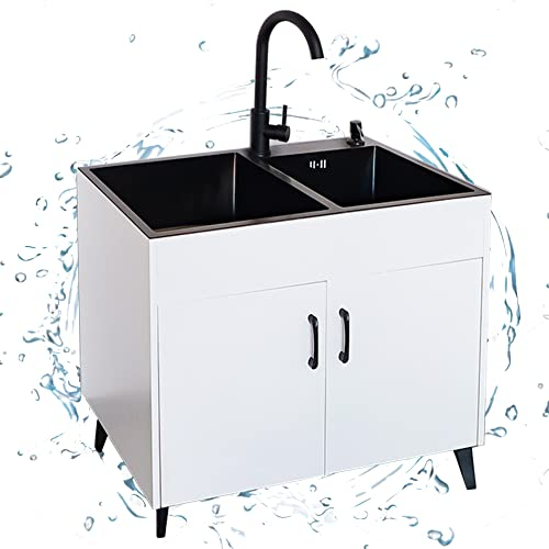 Komplettspüle Spüle mit Unterschrank,Ausgussbecken küchenunterschrank Kitchen Sink küchenspüle Waschbecken Edelstahl Spülbecken Freistehende Spültisch Spülenschrank mit Spüle und Armatur ( Color : Wit
