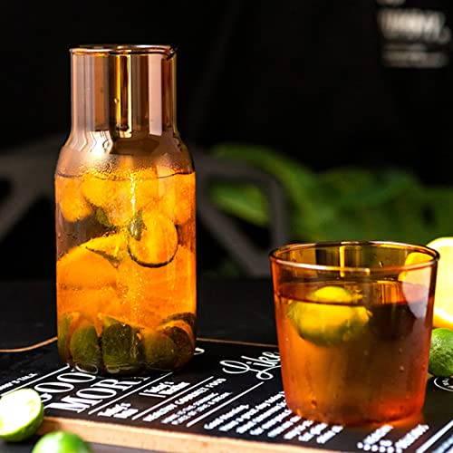 Bedside Water Carafe with Tumbler 17.5oz Clear Glass Water Pitcher with Cup Nightstand Glass Carafe Set Vintage Beverage Pitcher for Juice Milk Coffee Iced Tea(Amber)