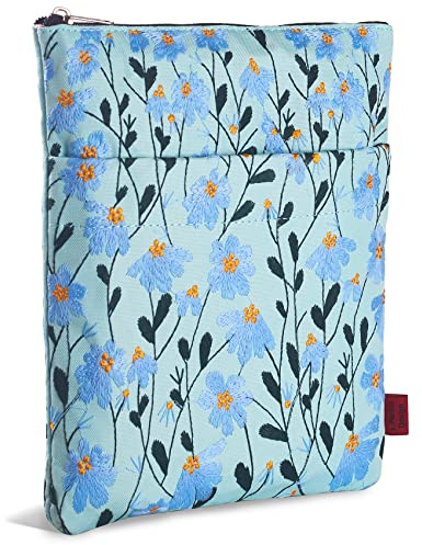 LParkin Buchhülle mit Gänseblümchen-Stickerei, Schutzhülle für Leser, Reißverschluss, Geschenk für Buchliebhaber, 27,9 x 21,6 cm, waschbarer blauer Baumwollstoff mit Gänseblümchenmuster