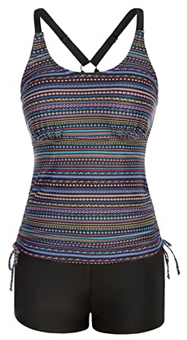 Strappy Tankini Swimsuits for Women Drawstring Bathing Suit Two Piece Colorful Stripes Print Swimwear with Shorts Colored Pinstripes M