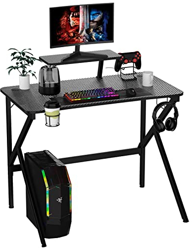 Rcynview Bureau Gaming 100 x 55 cm, Bureau Gamer Bureaux PC Bureau Informatique Ergonomique, Table Gaming d'ordinateur en Fibre de Carbone, Gaming Desk Porte Gobelet et Crochet Casque, Noir