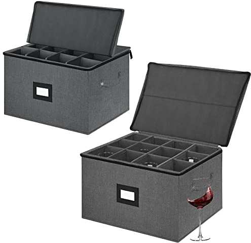 VERONLY 2 Pack Stemware Storage Cases - China Storage Containers Hard Shell for Glasses, Stackable Crystal Glassware Storage with Label, Handles for Protection, Moving (Dark Grey)