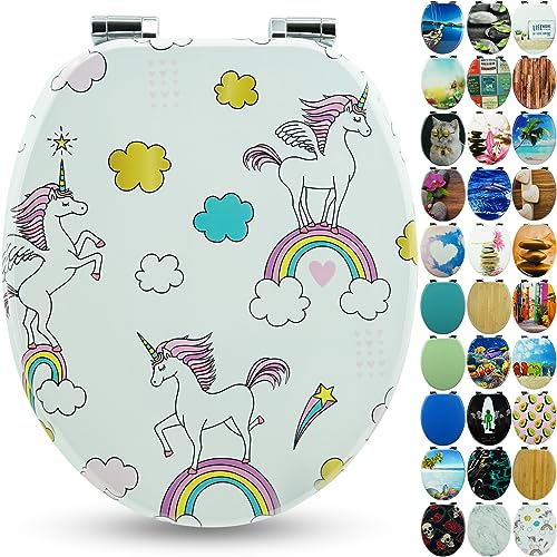 SANFINO® Premium WC Sitz mit Absenkautomatik – hochwertige Toilettendeckel aus Holz, viele bunte Motive, hoher Sitzkomfort, einfache Montage inklusive Montageanleitung – Unicorns