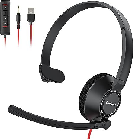 BINNUNE USB Headset with Microphone for Laptop PC Computer, Headphones Wired with Boom Mic, In-line Control, USB-A/3.5mm Jack for Zoom Teams Skype Conference Call (Mono)