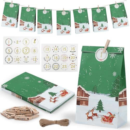 2025 Adventskalender zum Befüllen, 24 DIY Adventskalender Selber Befüllen mit Aufkleber und Holzklemme, Weihnachtskalender Tüten für Kinder und Erwachsene - Grün Weiß