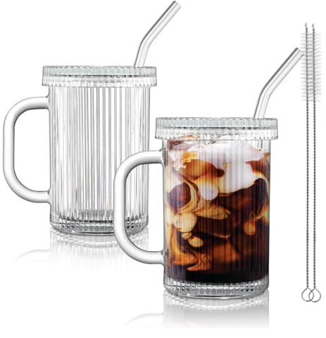 Joeyan 390ml Lot de 2 verres à boire en verre clair Ripple avec paille en verre et couvercle et Poignée, pour boissons glacées, café, boissons aux fruits et thé, pour maison, cuisine et bureau