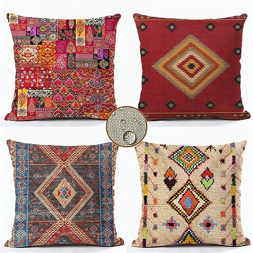 Kissenbezüge 35x35 cm 4er Set Boho Outdoor Kissen Bunt Sofakissen Dekokissen Kopfkissen Wasserfest linen Zierkissen Quadratische Kissenhülle für Gartenmöbel Sofa Couch Bett Auto Terrasse Schlafzimmer