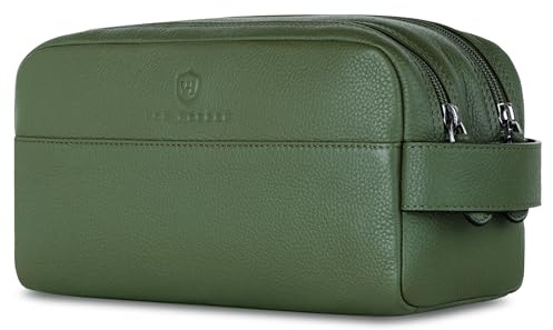 VON HEESEN Kulturbeutel Leder Kulturtasche für Herren & Damen - Echtleder Necessaire ideal zum Reisen - Waschtasche und Kosmetiktasche mit Zwei Hauptfächern grün, groß