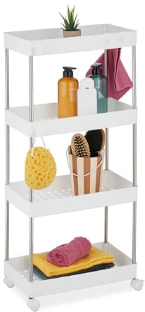 Relaxdays Nischenwagen, 4 Etagen, mit Rollen, Küche, Bad, Rollwagen, 88 x 41,5 x 23,5 cm, Kunststoff, Edelstahl, weiß